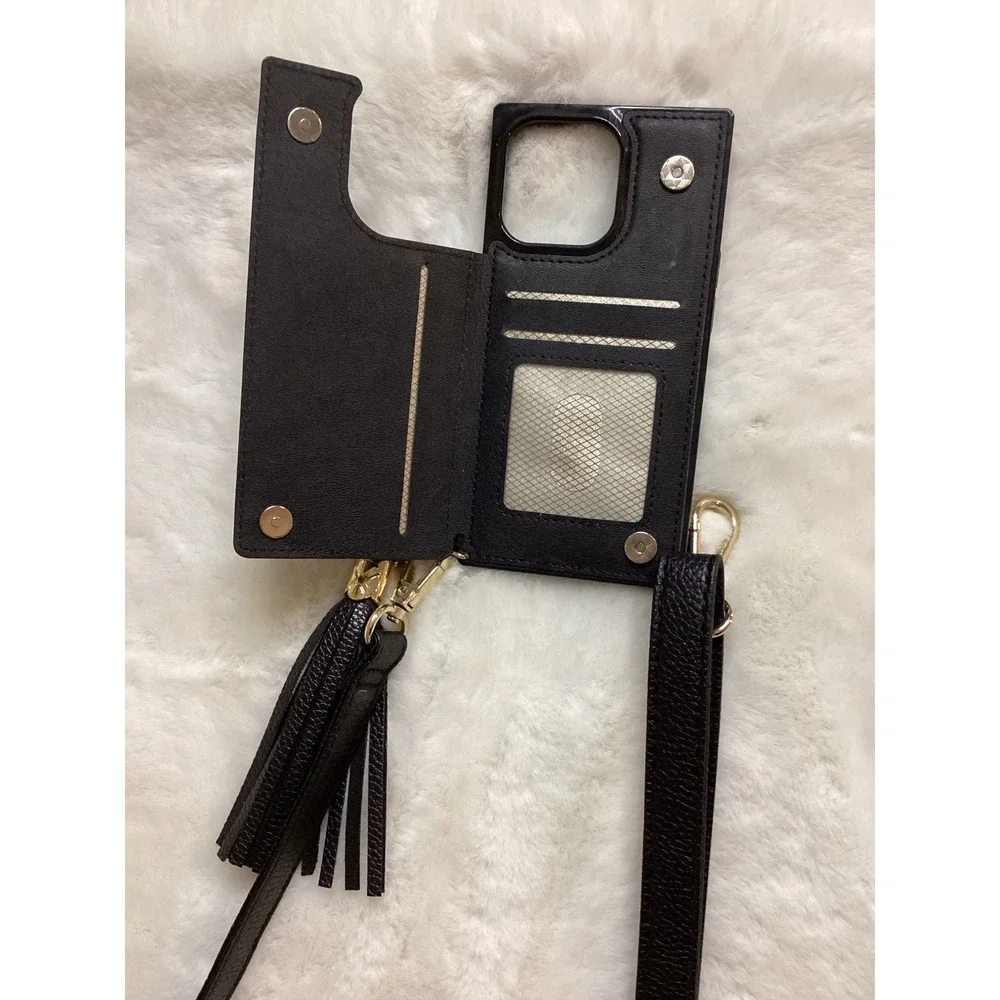 Black Leather Phone Case Wallet Crossbody Strap‎ Tassel Gold Hardware